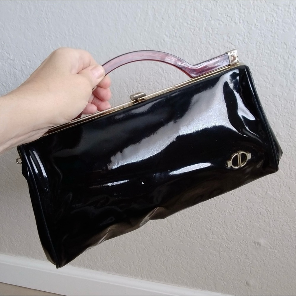 American Vintage Black Patent Clutch with Arcylic Handle